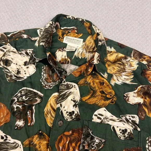 Vtg Banana Republic Shirt Mens S Green Safari Dog All Over Print Retro 90s